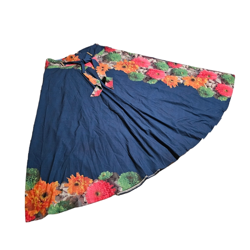 FEVROJ Flare Midi Skirt Floral Print Blue Flowy Tie Belt Women's  Large - Picture 2 of 16